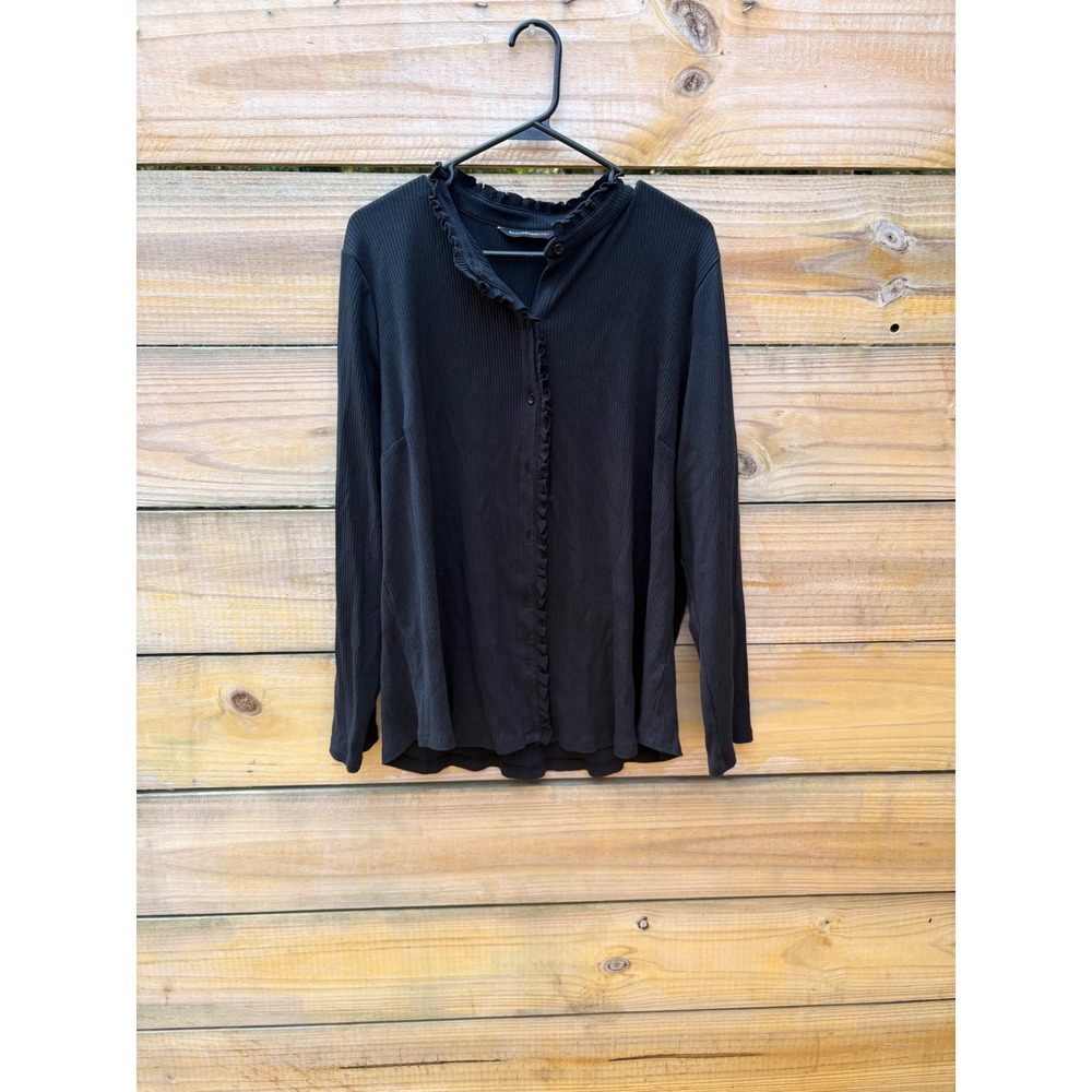 Isaac Mizrahi Live Black Ruffle Neck Ribbed Button Front Top 1X Plus Size